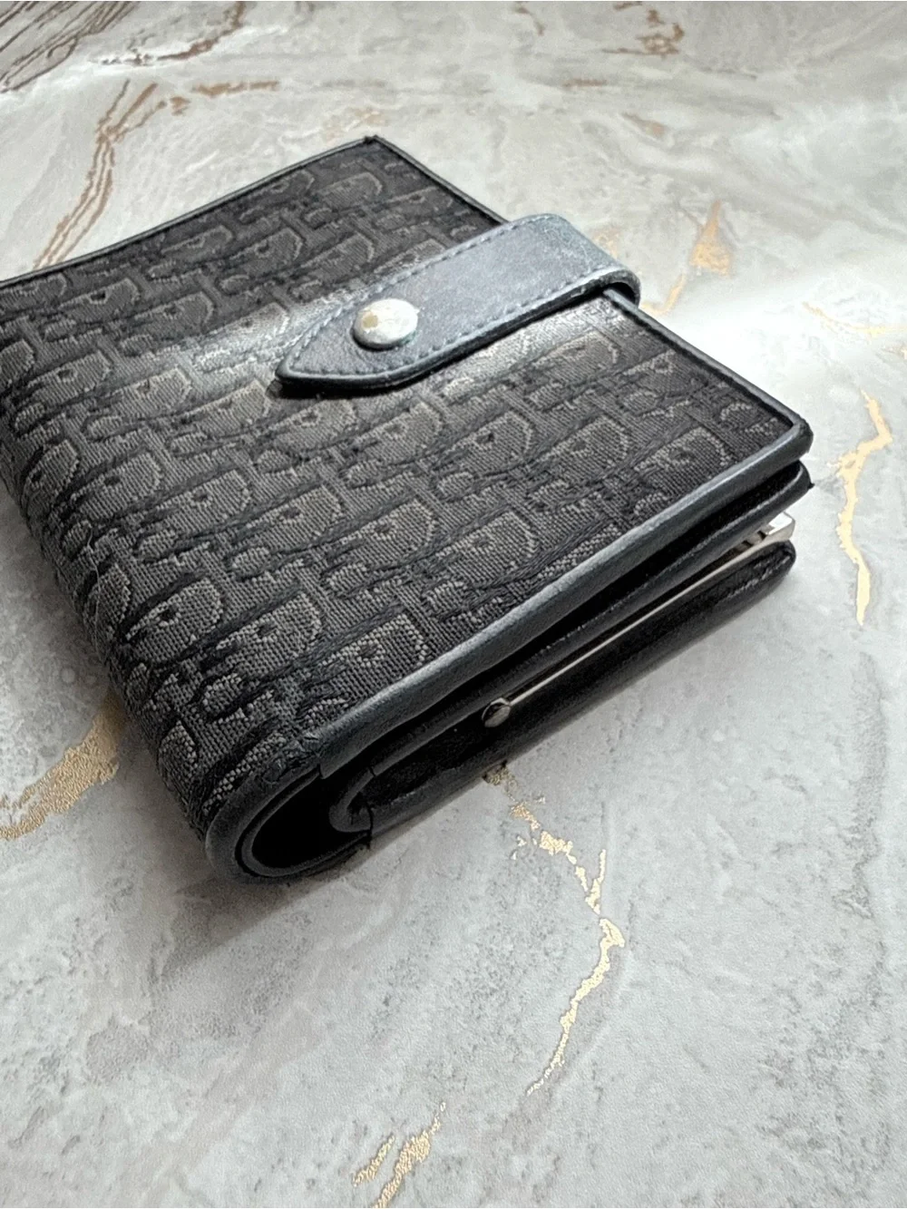 Vintage Christian Dior Oblique Black Monogram Trotter Bifold Kiss Lock Wallet